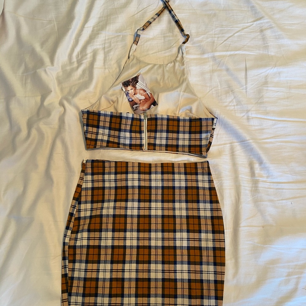 Two piece plaid outfit.